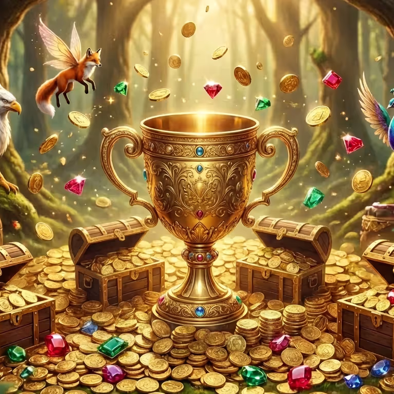 Golden trophy cup placed on treasure chests and coins with floating gems in a fantasy forest casino theme.